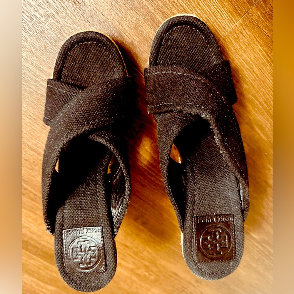 Tory Burch Kristen Black Canvas Wedges